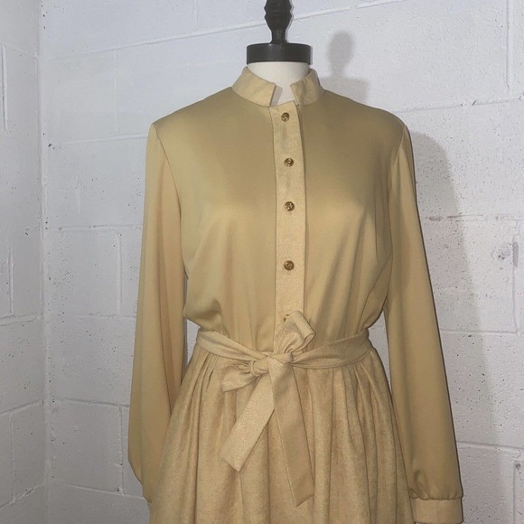 Vintage Herman Marcus 60s Yellow Size 14 Mock Suede Mid Mod belted Fall dress - Picture 2 of 11